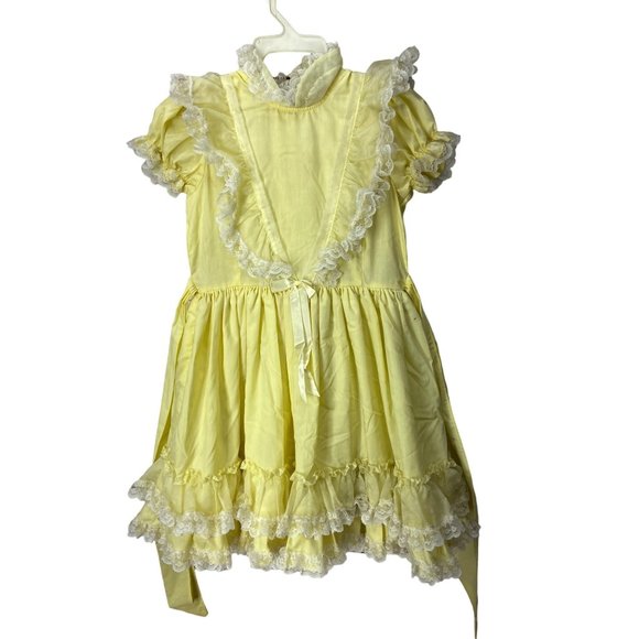 Vintage Better Made by Betty Oden Heirloom Yellow 6 Ruffle Lace Tulle Pageant Dr